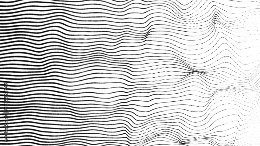 Poster abstract digital cyber wave made of black particles and dots moves with big data visualization. futu