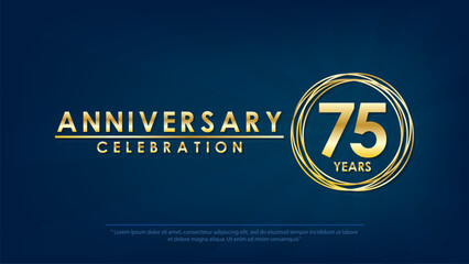 75th years anniversary celebration emblem. elegant golden anniversary logo isolated with ring on dark blue background. vector illustration template design	