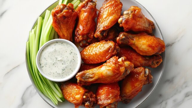 Juicy, BBQ chicken wings with celery & ranch. Perfect for menus, blogs, or food websites showcasing delicious meals.