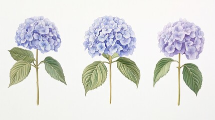 Three hydrangea blooms, studio shot, white background, floral design