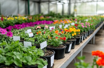 A large greenhouse filled with rows of colorful flower seedlings, each in small black pots with white labels on them.