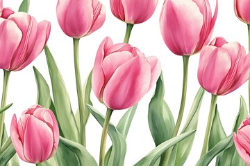 Obraz premium Seamless Watercolor Pink Tulip Pattern – Realistic Floral Design for Fabric & Decor