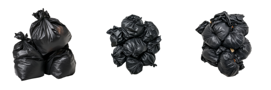 Waste management action black trash bags on a transparent background