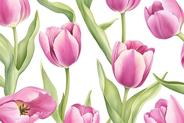 Obraz premium Seamless Watercolor Pink Tulip Pattern – Realistic Floral Design for Fabric & Decor