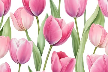 Obraz premium Seamless Watercolor Pink Tulip Pattern – Realistic Floral Design for Fabric & Decor