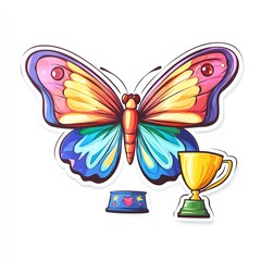 A vibrant butterfly illustration beside a trophy, symbolizing achievement and nature.