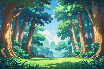 Tranquil Anime Forest Theme Banner Illustration in Peaceful Nature