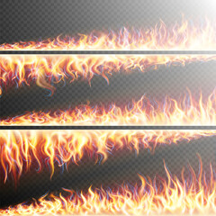 Collection of horizontal flame borders with varying intensities and styles, set on a transparent background