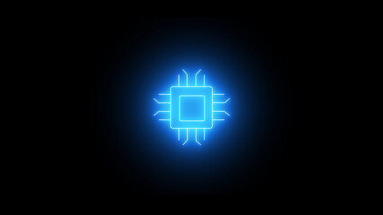Obraz premium Glowing Microchip icon isolated on the black background. Technology icon. Information technology, automation, machine learning, data center, satellite