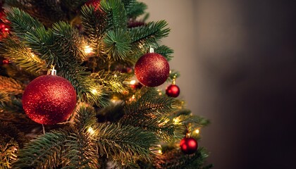 christmas tree with red balls and garland lights