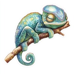 Naklejka premium A vibrant, sleeping chameleon resting on a branch in a dreamy pose.