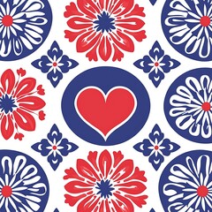 Vibrant Floral Pattern with Hearts in Red and Blue on a White Background for Decorative Use