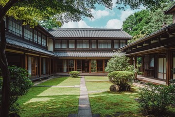 Fototapeta premium The courtyard of the Japanese-style building is surrounded by trees and grass, with green lawns in front of it. The wooden house has a traditional architectural style and simple decoration