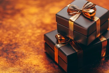 Stacked Dark Gift Boxes with Golden Ribbon