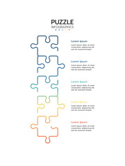 Five simple infographic with five puzzle elements as photo placeholders some descriptions. Creative infographic with puzzle elements.