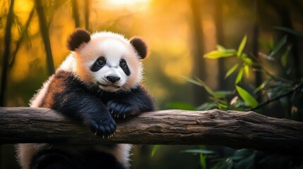 Obraz premium Cute Baby Panda Sitting on a Branch in a Forest Environment