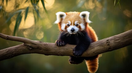 Cute Red Panda Sitting on Tree Branch in Nature Background