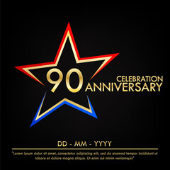 Obraz premium 90th years anniversary celebration emblem. elegance golden anniversary logo with red and blue star shape. vector illustration template design for web, leaflet, flyer, greeting card 