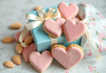 Fototapeta premium Delicate almond cookies, pink marzipan hearts, baby blue gift box, cream ribbon, pastel floral wrap, ribbon, romantic
