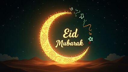 Eid Mubarak Luxurious Gold Arabic Calligraphy with Crescent Moon and Lanterns on Dark Background