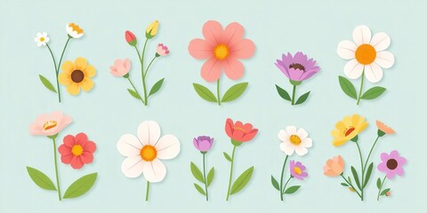 Obraz premium Nine adorable flat vector flower illustrations; perfect spring design elements, image, garden