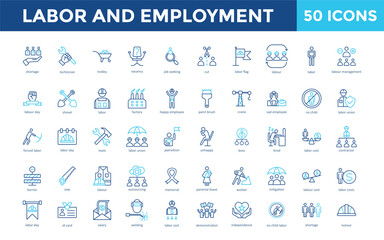 Labor and Employment icon set with shortage, technician, trolley, vacancy, job seeking, cut, labor flag, labour, labor, labour management icon. Simple outline color vector 

