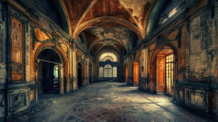 Fototapeta premium Decaying architecture of a large abandoned hall with arched doorways