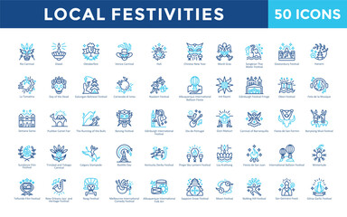 Local festivities icon set with rio carnival, diwali, oktoberfest, venice carnival, holi, chinese new year, mardi gras, songkran thai water festival icon. Simple outline color vector 
