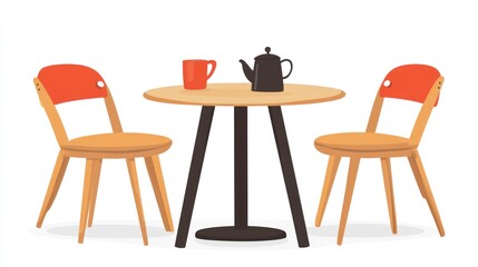 Simple cafe table and chairs, illustration, drink and pot, interior scene, background use