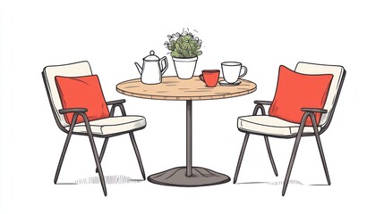 Outdoor cafe table and chairs, illustration, with tea, relaxed setting, possible for social media or website