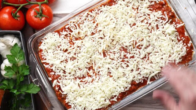 Cooking homemade lasagna from scratch.  Using noodles, pasta sauce, ricotta, mozzarella cheese and Italian herbs. Boiling the noodles, browning the ground beef and layering the lasagna for a meal.