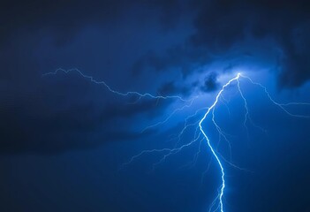 Electric blue lightning bolt striking dark stormy sky, raw power and energy, tempest, graphic
