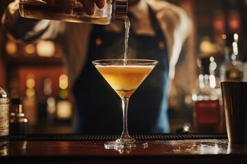 aesthetic photo of bartender pouring cocktail into glass on bar counter