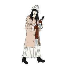 	コーヒーを片手にスマホで何かを探している女性（カラー、png）