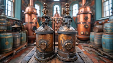 Fototapeta premium A secret aquavit distillery in Norway, with copper stills, wooden barrels, and a cozy tasting room 