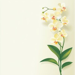Elegant branch of creamy orchids blossoms with green leaves