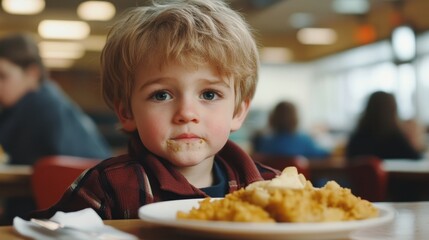 A toddler with blond hair sits at a table, eating a meal. This image depicts childhood, mealtimes, and family dining.