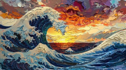 Fototapeta premium A dramatic painting depicts a large ocean wave at sunset