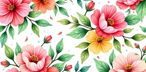 Abstract floral pattern in watercolor style with blooming flowers and green leaves, blooming, watercolor