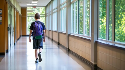 Obraz premium A Young Student Walking Down the Hallway with a Backpack Ready for a New Adventure