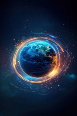 Obraz premium Vibrant Earth with Glowing Orbits and Cosmic Background