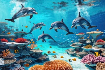 Fototapeta premium Beautiful Coastal Scene Featuring Vibrant Coral Reefs Colorful Fish and Playful Dolphins in Turquoise Waters