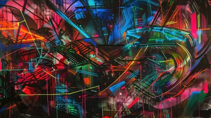Obraz premium A Colorful Abstract Graffiti Mural Displays Geometric Shapes and Lines
