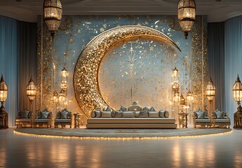 Elegant Golden Crescent Moon Wedding Stage Design Luxury 3d blue rich sofa decor event lamps royal  