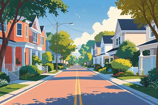 Tranquil Residential Street Illustration in High Resolution