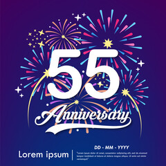 55th years anniversary celebration emblem. Happy anniversary logo with fireworks, sparkle, twinkle and stars. vector illustration template for web, flyers, poster, invitation card, greeting card	