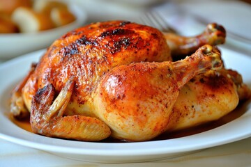 Golden Roasted Chicken on White Plate with Savory Seasoning