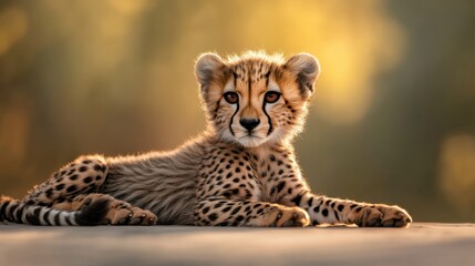 Young Cheetah Cub Relaxing in Warm Golden Light at Sunset Time