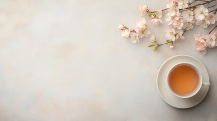 Cup of tea with cherry blossom on white background, top view, copy space
