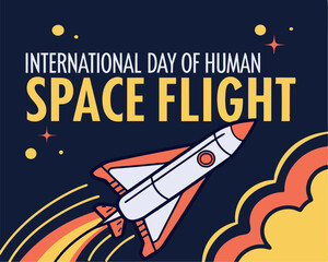 International Day of Human Space Flight Banner with Rocket Launching from Clouds